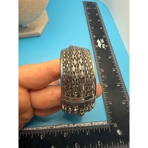 Vintage Silver Tone Wide Popcorn Chain Hinged Cuff Statement Bracelet